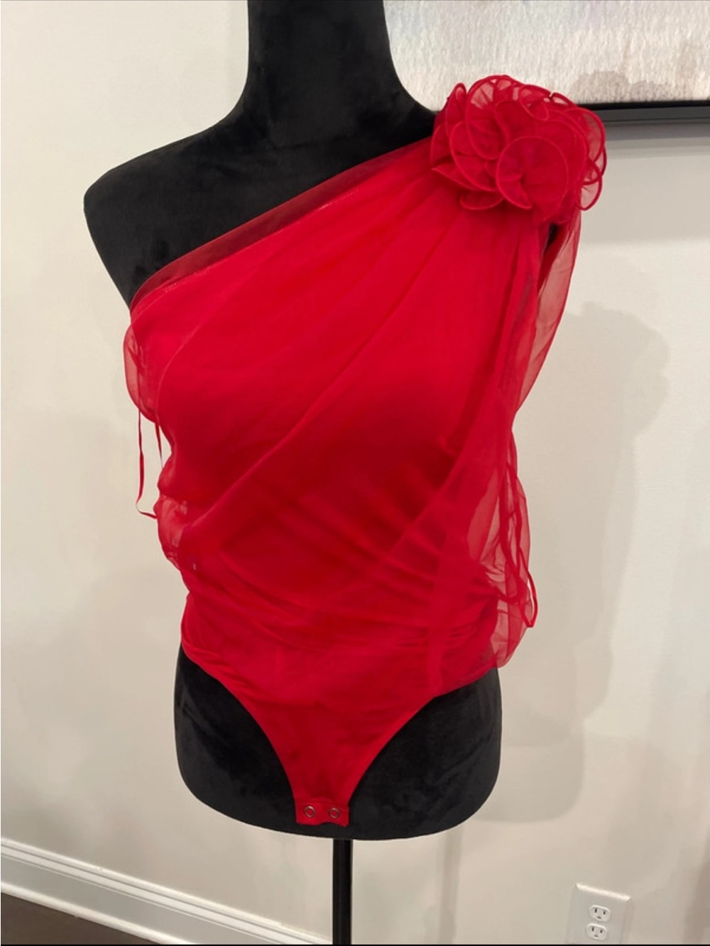 Express Red Sheer One-Shoulder Bodysuit with Rosette Detail